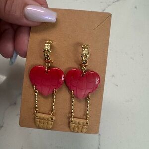 Heart Drop Dangle Earrings - Red & Gold